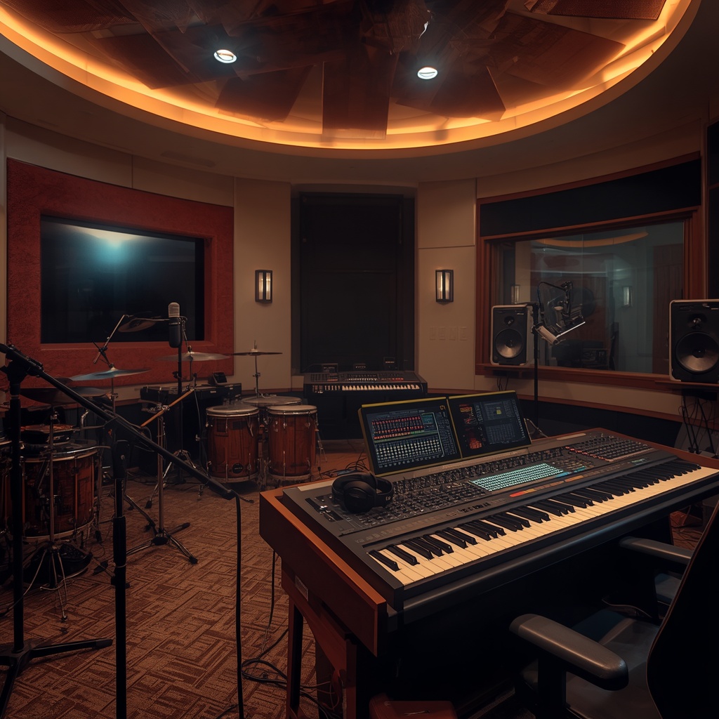 Music Studio for Afrobeats, Pop, and Melodic Rap Modern music studio with recording equipment for Afrobeats, pop, and melodic rap