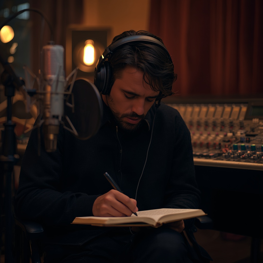 Independent Musician Writing Songs in a Recording Studio Independent musician writing music in a recording studio while wearing headphones