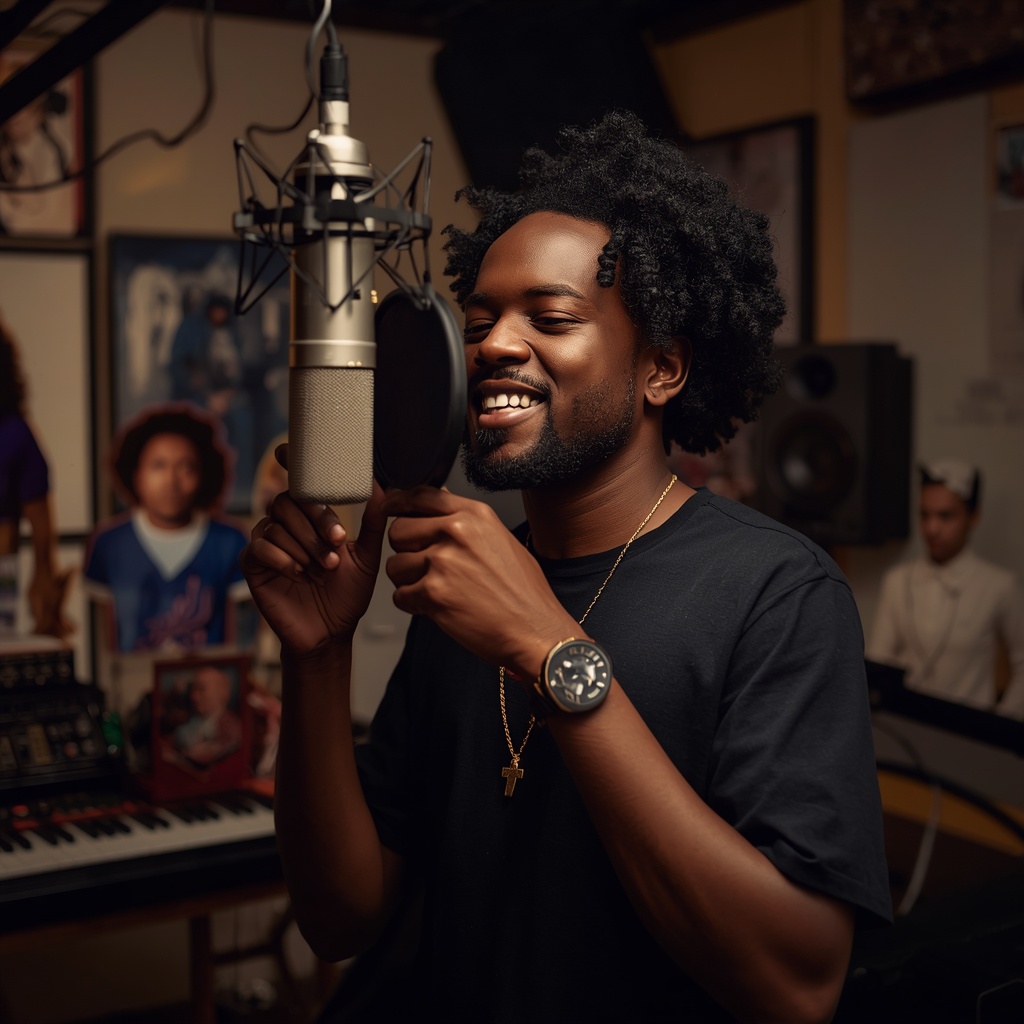 Music artist recording genre-blending music in a professional studio