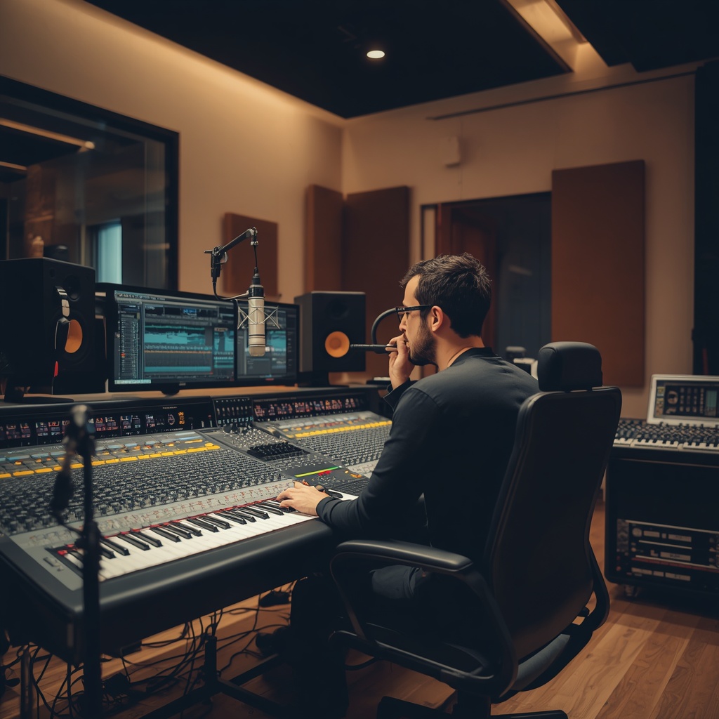 Professional music producer working in a recording studio on song production